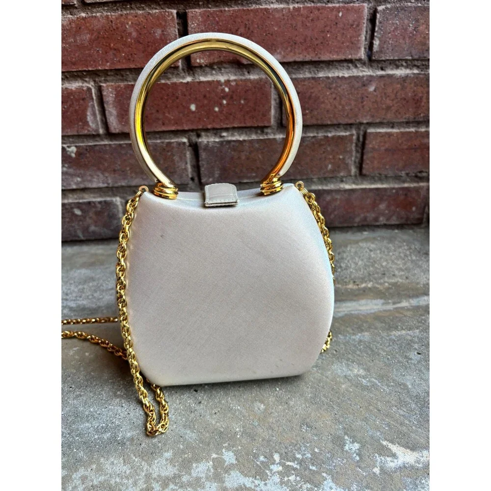 Beige, Rodo Italy Satin Evening Bag with Gold Metal Accents